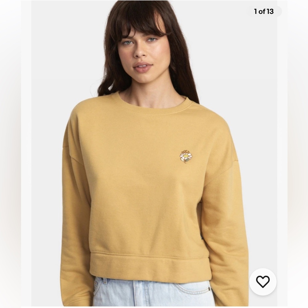 RVCA "Easey Crew" Cropped Crewneck Sweatshirt Mustard Yellow Daisy Embroidery XS